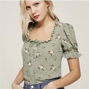 Reformation Womens Dress Top Blouse Floral Button Cottage Green Extra Small XS